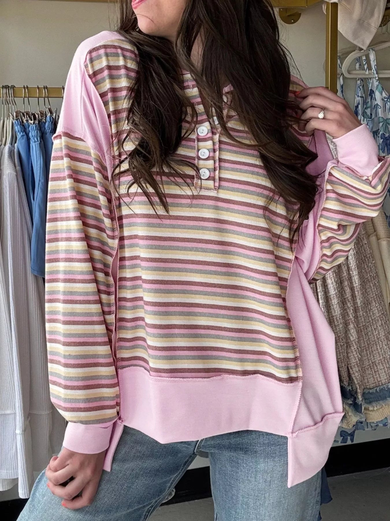Exposed Seam Color Block Striped Patchwork Loose Henley Sweatshirt nicholesgifts
