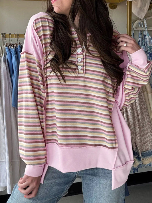 Exposed Seam Color Block Striped Patchwork Loose Henley Sweatshirt nicholesgifts
