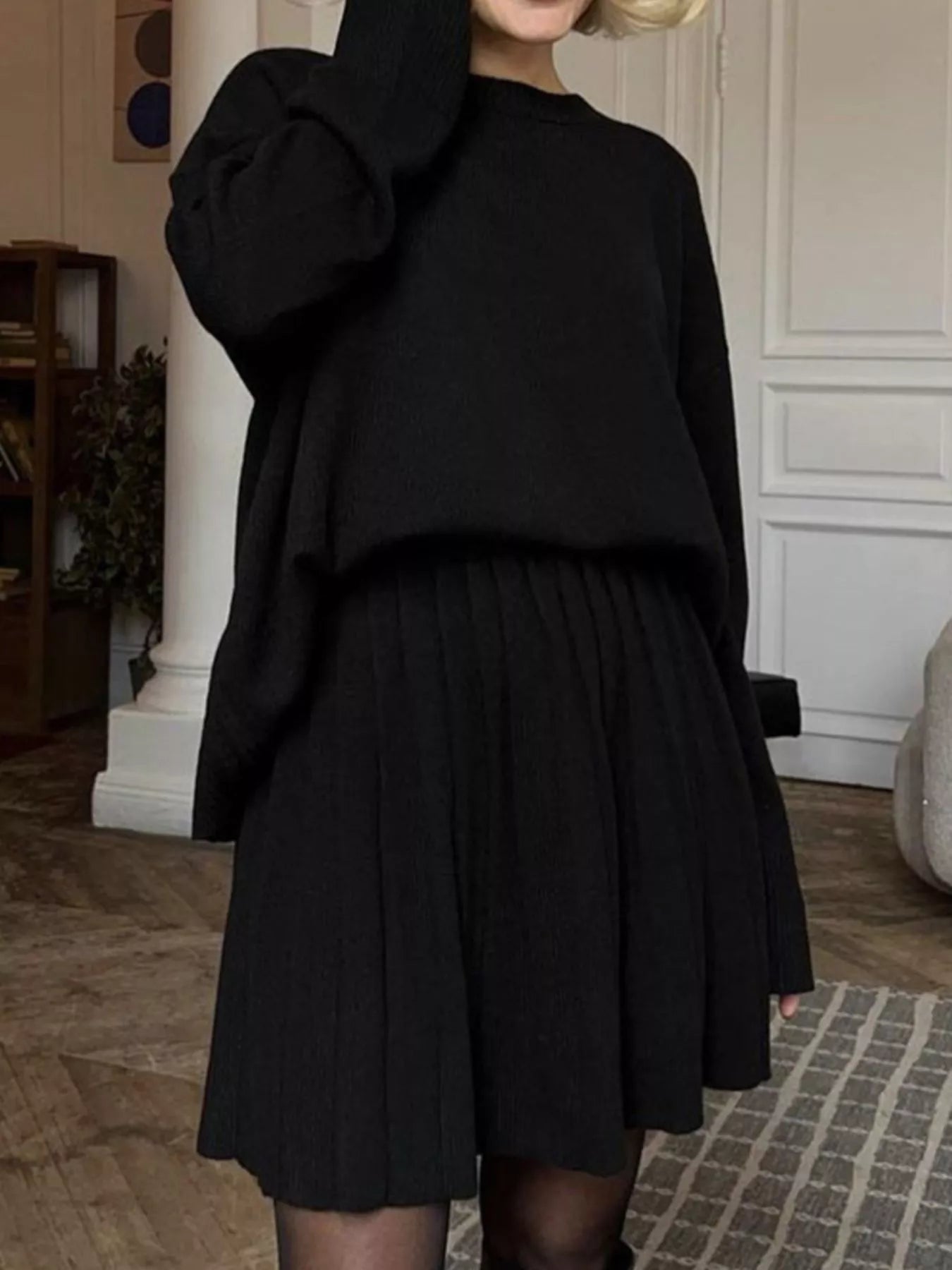 Round Neck Top and Pleated Skirt Sweater Set nicholesgifts