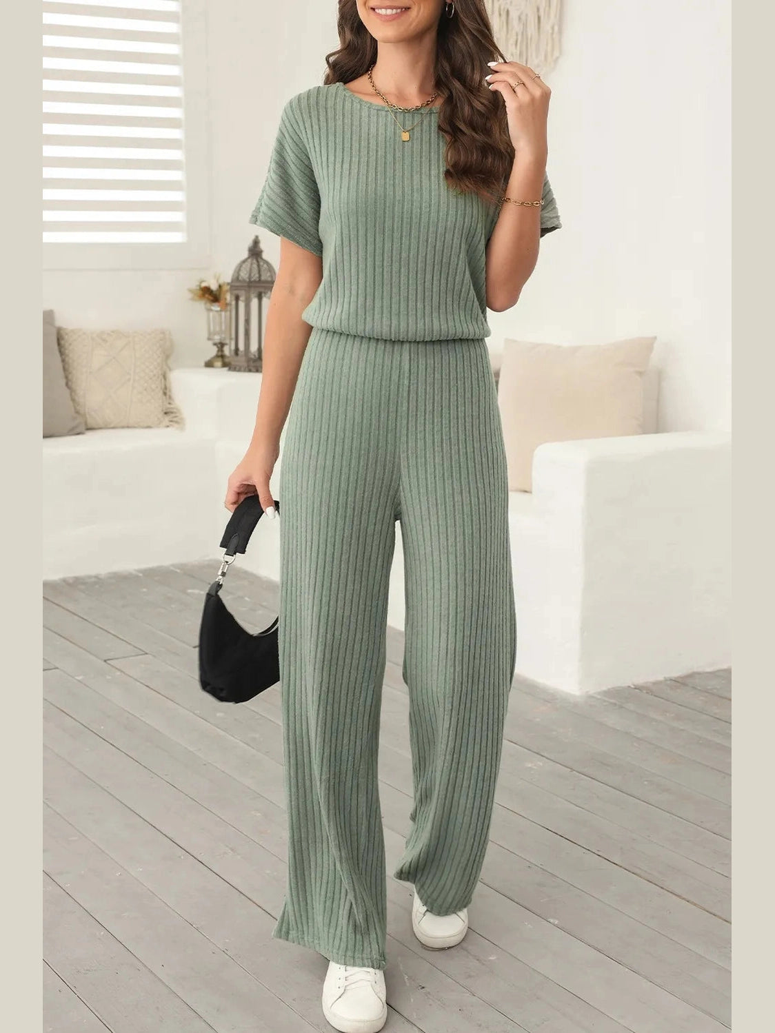 Ribbed Short Sleeve Wide Leg Jumpsuit nicholesgifts