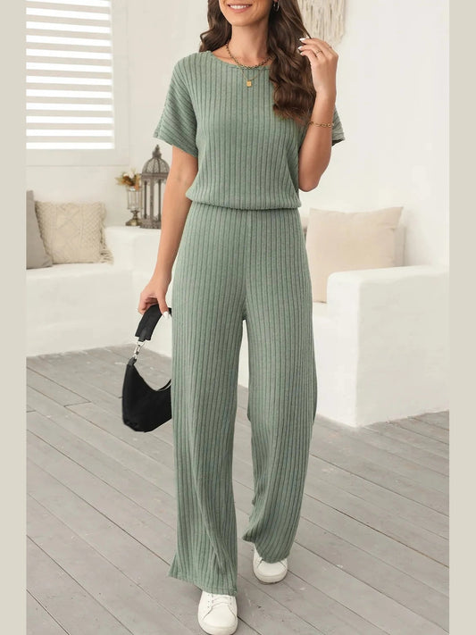 Ribbed Short Sleeve Wide Leg Jumpsuit nicholesgifts