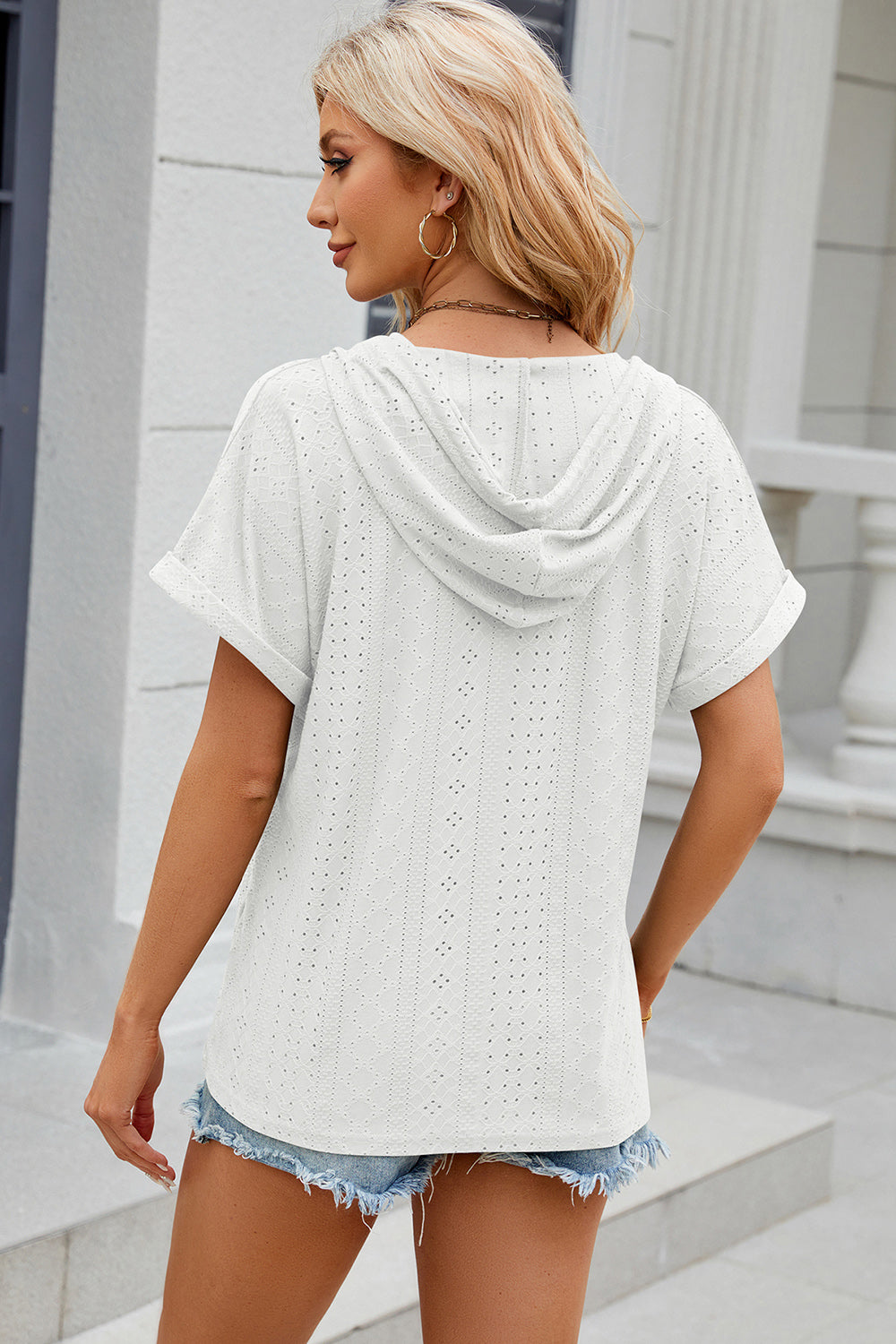 Eyelet Drawstring Hooded Short Sleeve Blouse nicholesgifts