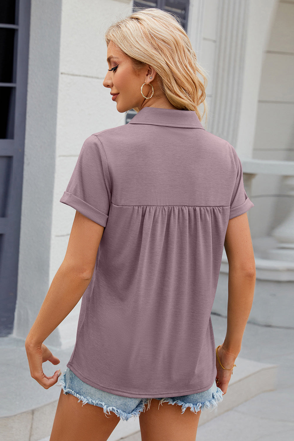 Ruched Johnny Collar Short Sleeve Blouse nicholesgifts