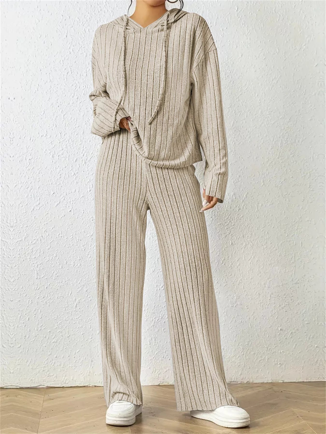 Ribbed Drawstring Hoodie and Pants Set Trendsi