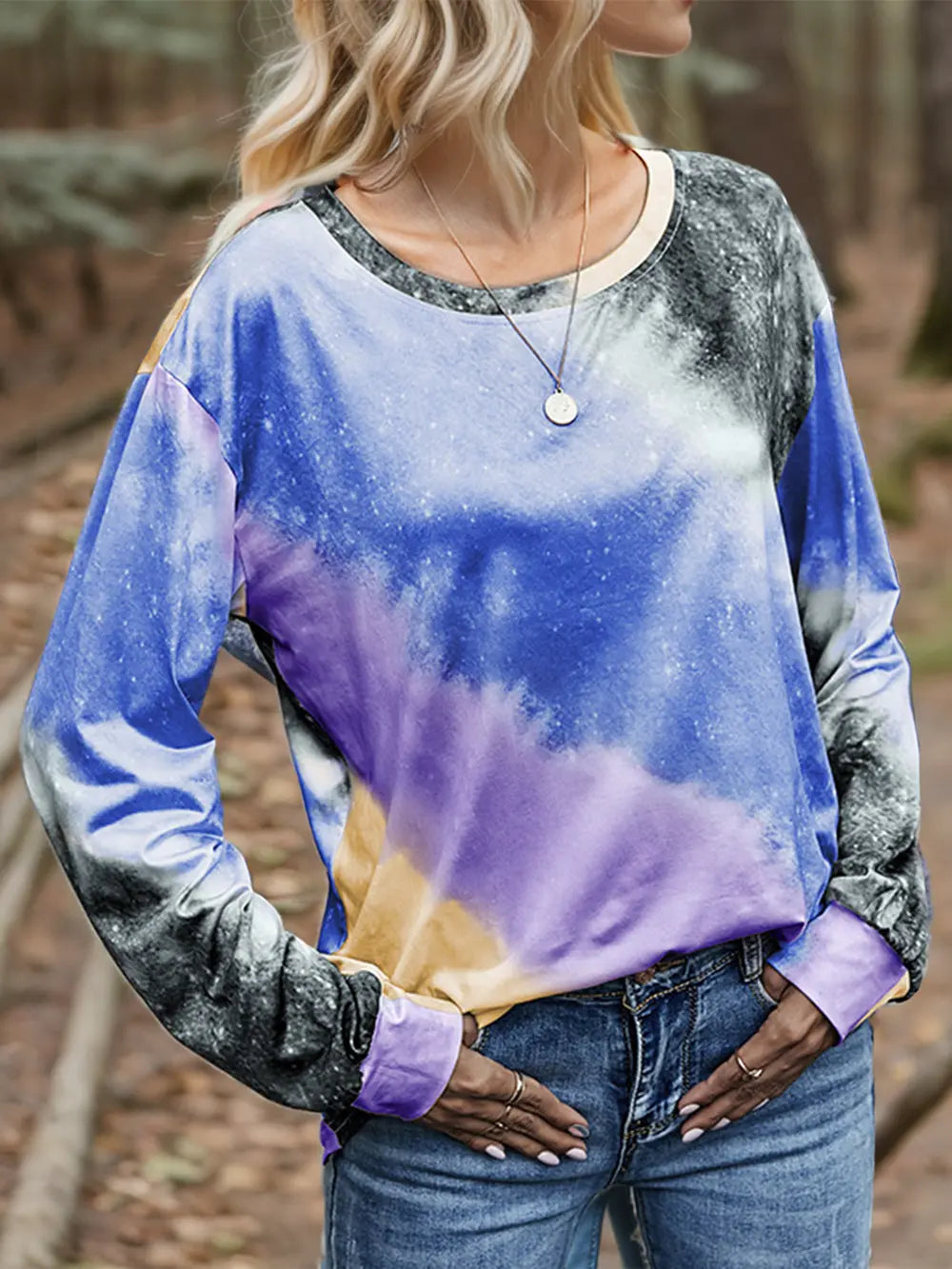 Shiny Printed Round Neck Long Sleeve T-Shirt NicholesGifts