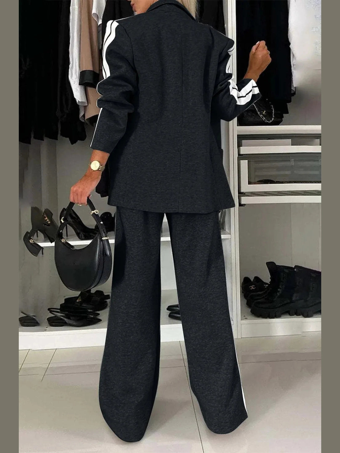 Full Size Contrast Lapel Collar Top and Pants Set nicholesgifts