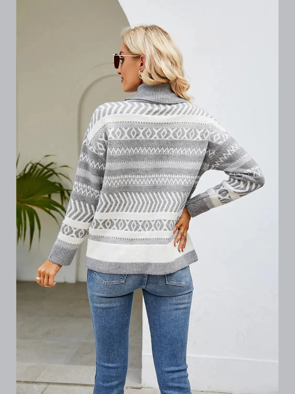 Geometric Turtleneck Long Sleeve Sweater Trendsi