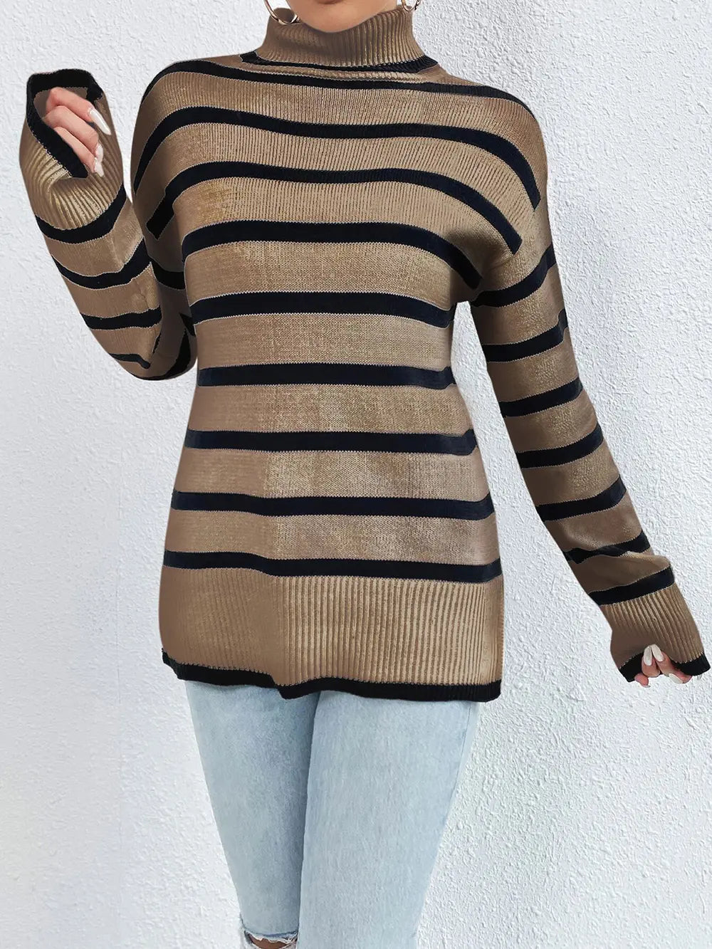 Striped Turtleneck Long Sleeve Sweater Trendsi