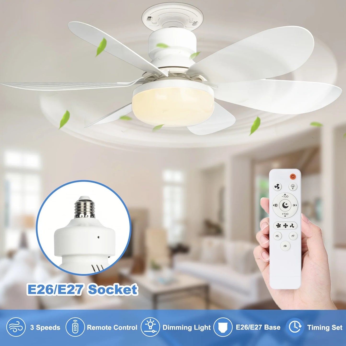 Compact 20.5" Remote-Controlled Socket Fan Light with LED - Perfect for Kitchen, Bedroom, and Small Rooms!