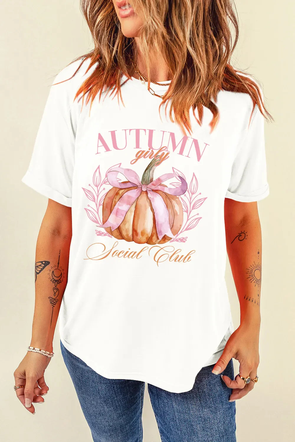 White Pumpkin Graphic Round Neck T-Shirt with Autumn design and short sleeves