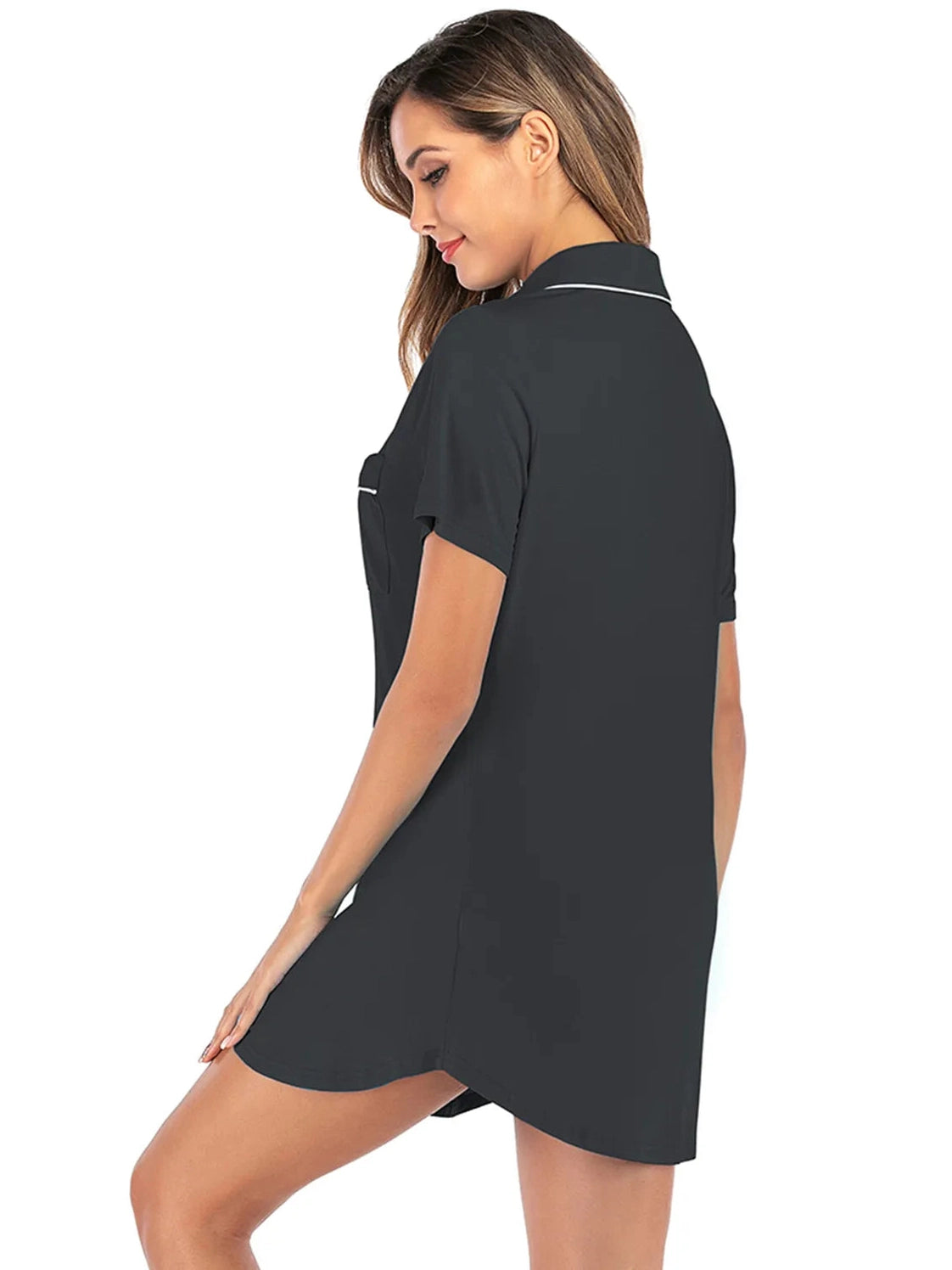 Contrast Piping Pocketed Short Sleeve Lounge Dress nicholesgifts