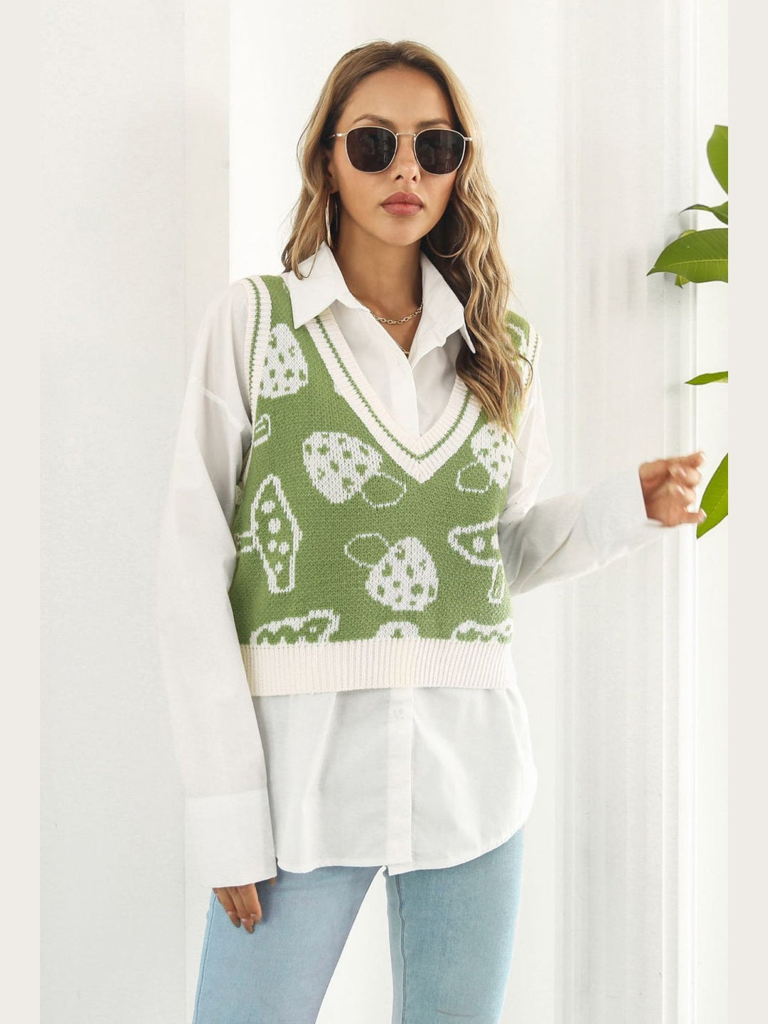 Printed Plunge Neck Sweater Vest nicholesgifts
