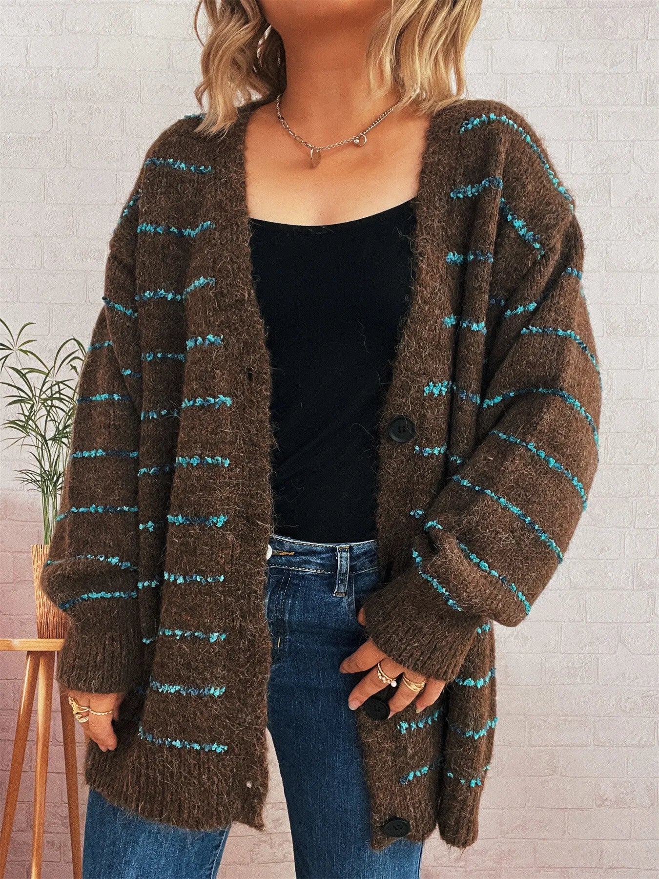 Striped Button-Up Cardigan with V-Neck Design