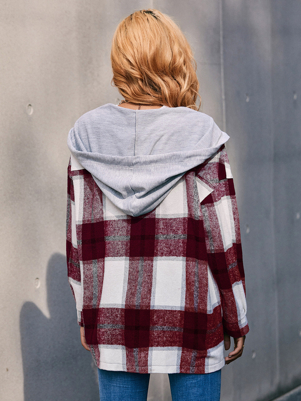 Women Ivy Lane Plaid Dropped Shoulder Hooded Jacket nicholesgifts