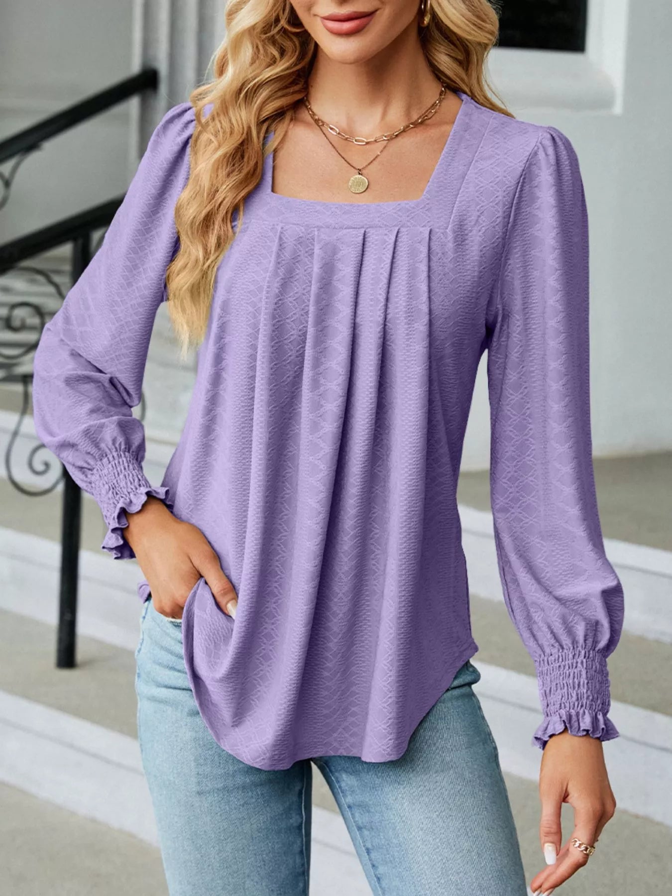 Pleated Square Neck Long Sleeve Top Trendsi