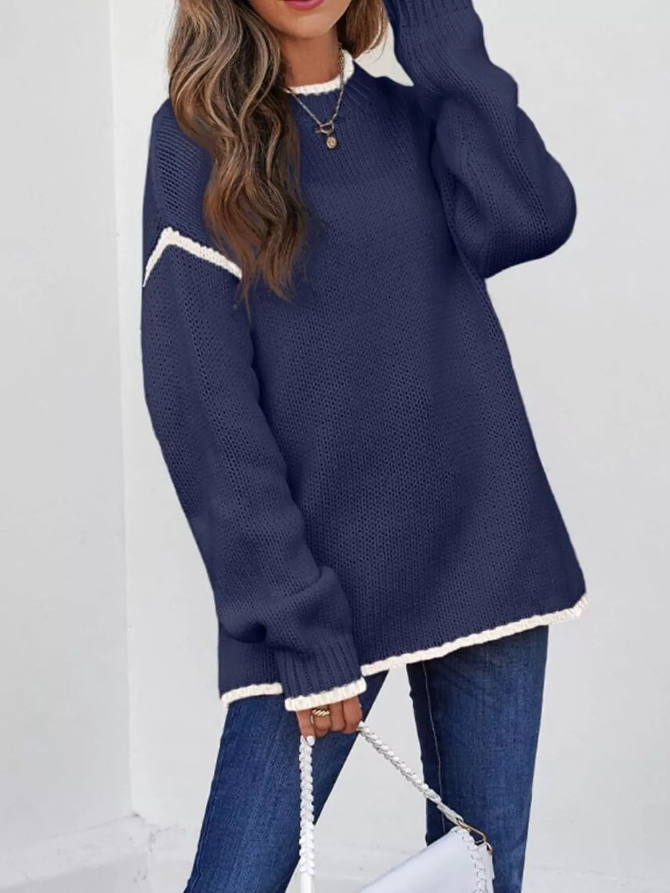 Contrast Trim Long Sleeve Sweater Trendsi