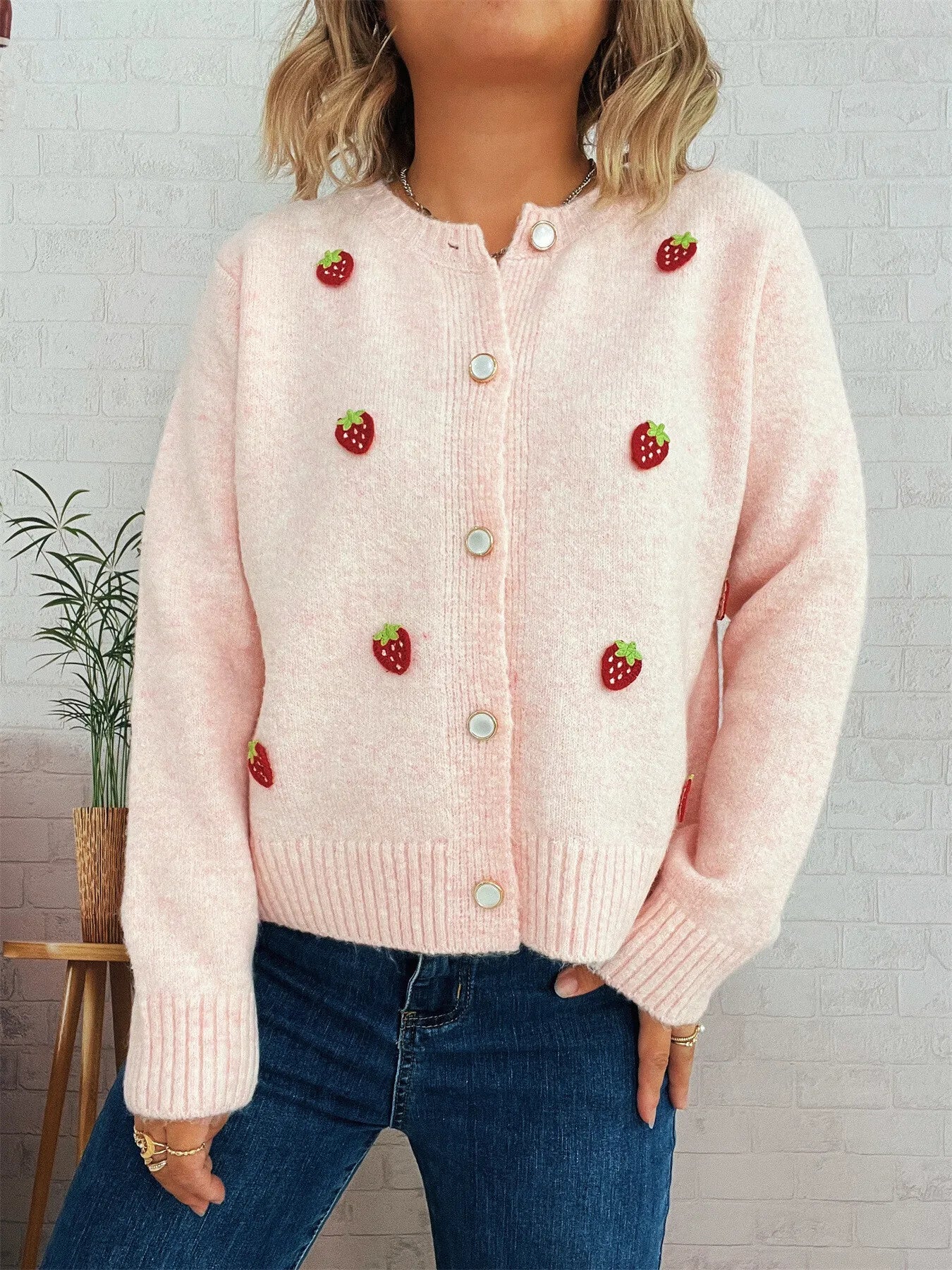 Strawberry Button Up Long Sleeve Cardigan Trendsi