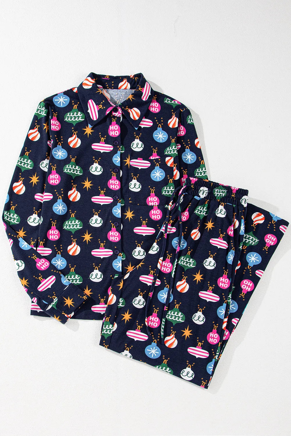 Christmas Lights Print Collared Neck Top and Pants Set Trendsi