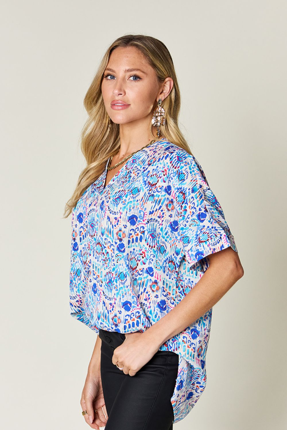 Double Take Full Size Printed V-Neck Short Sleeve Blouse nicholesgifts