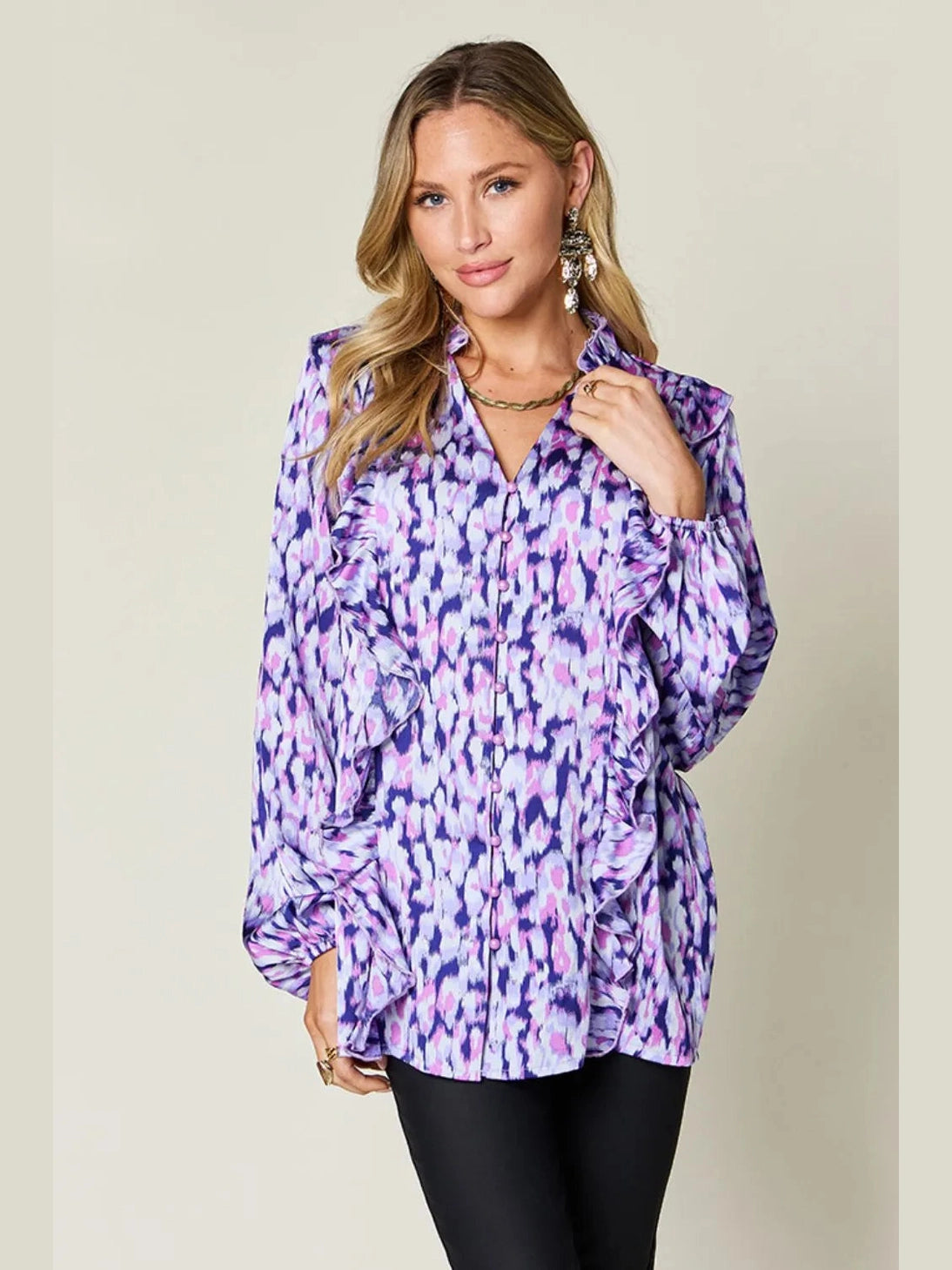 Double Take Full Size Printed Ruffle Trim Balloon Sleeve Shirt nicholesgifts