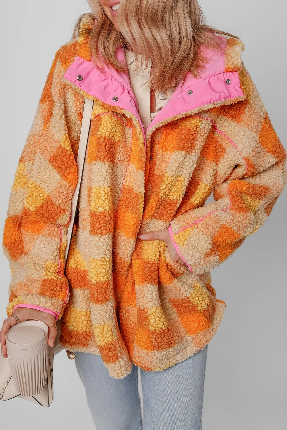 Checkered Long Sleeve Sherpa Hooded Jacket Trendsi