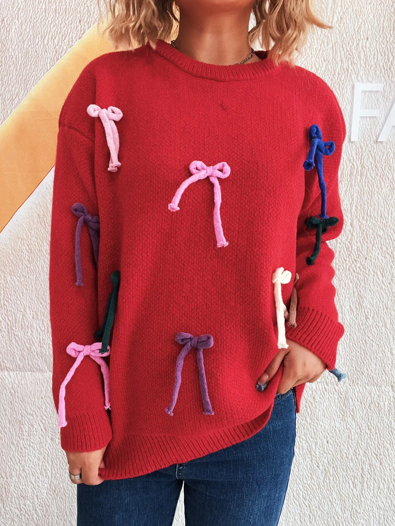 Colorful Bow Round Neck Sweater