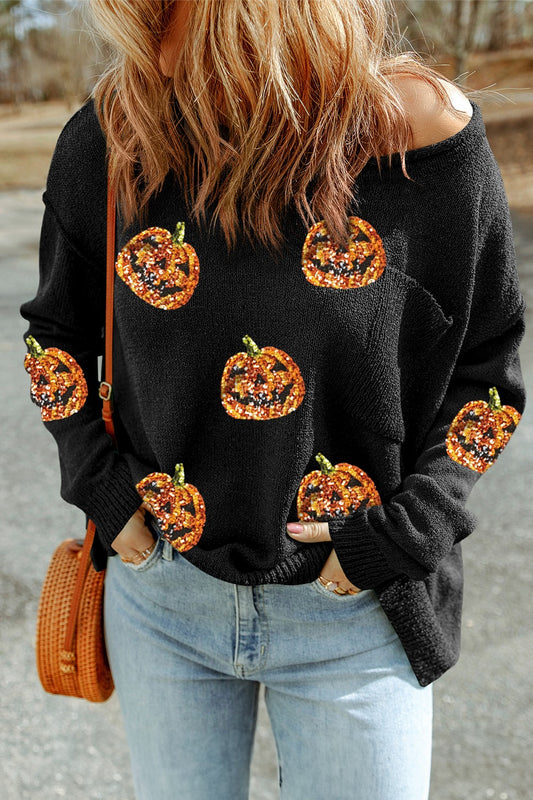 Pumpkin Round Neck Long Sleeve Knit Top NicholesGifts