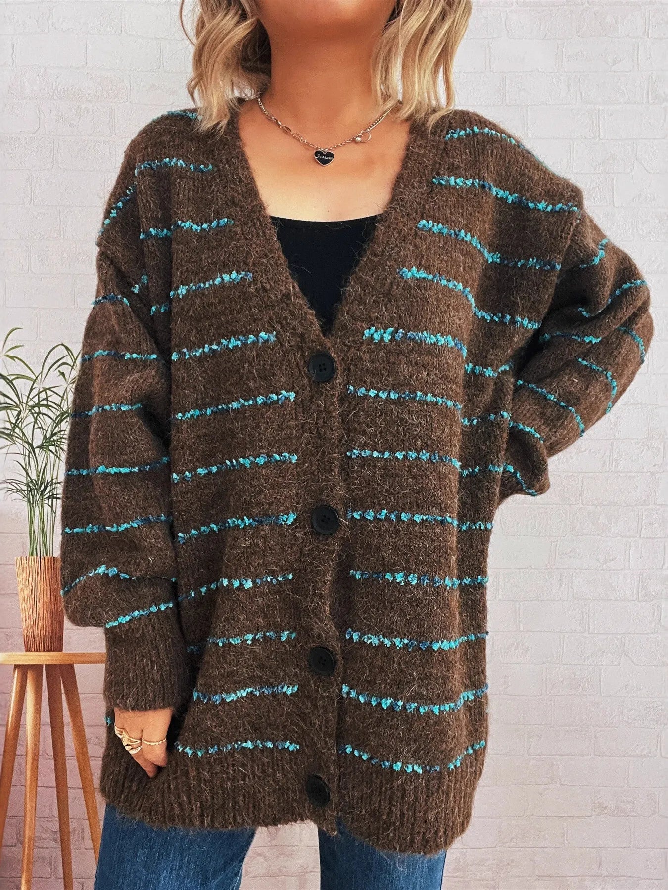 Striped Button-Up Cardigan with V-Neck Design