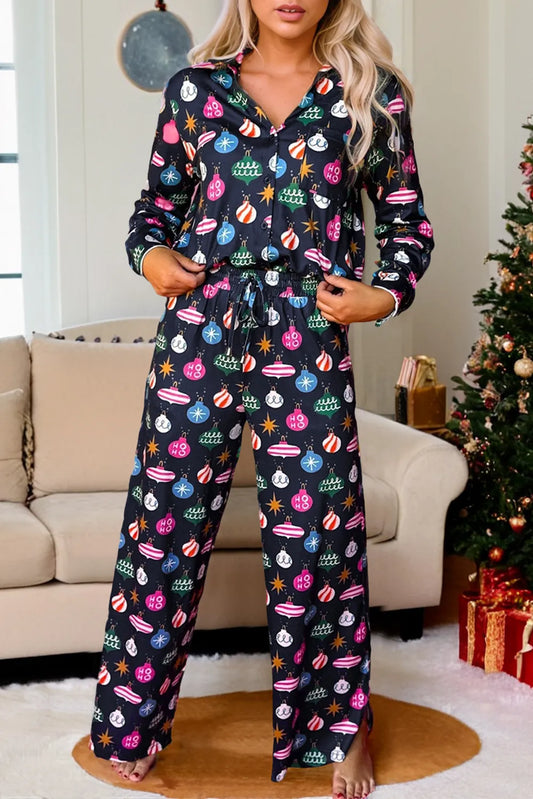 Christmas Lights Print Collared Neck Top and Pants Set Trendsi