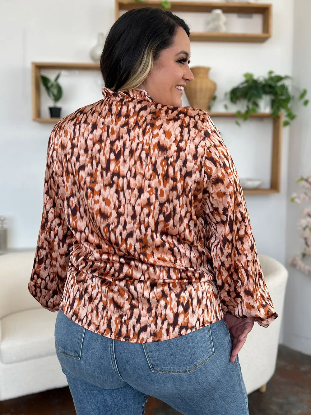 Double Take Full Size Printed Ruffle Trim Balloon Sleeve Shirt nicholesgifts