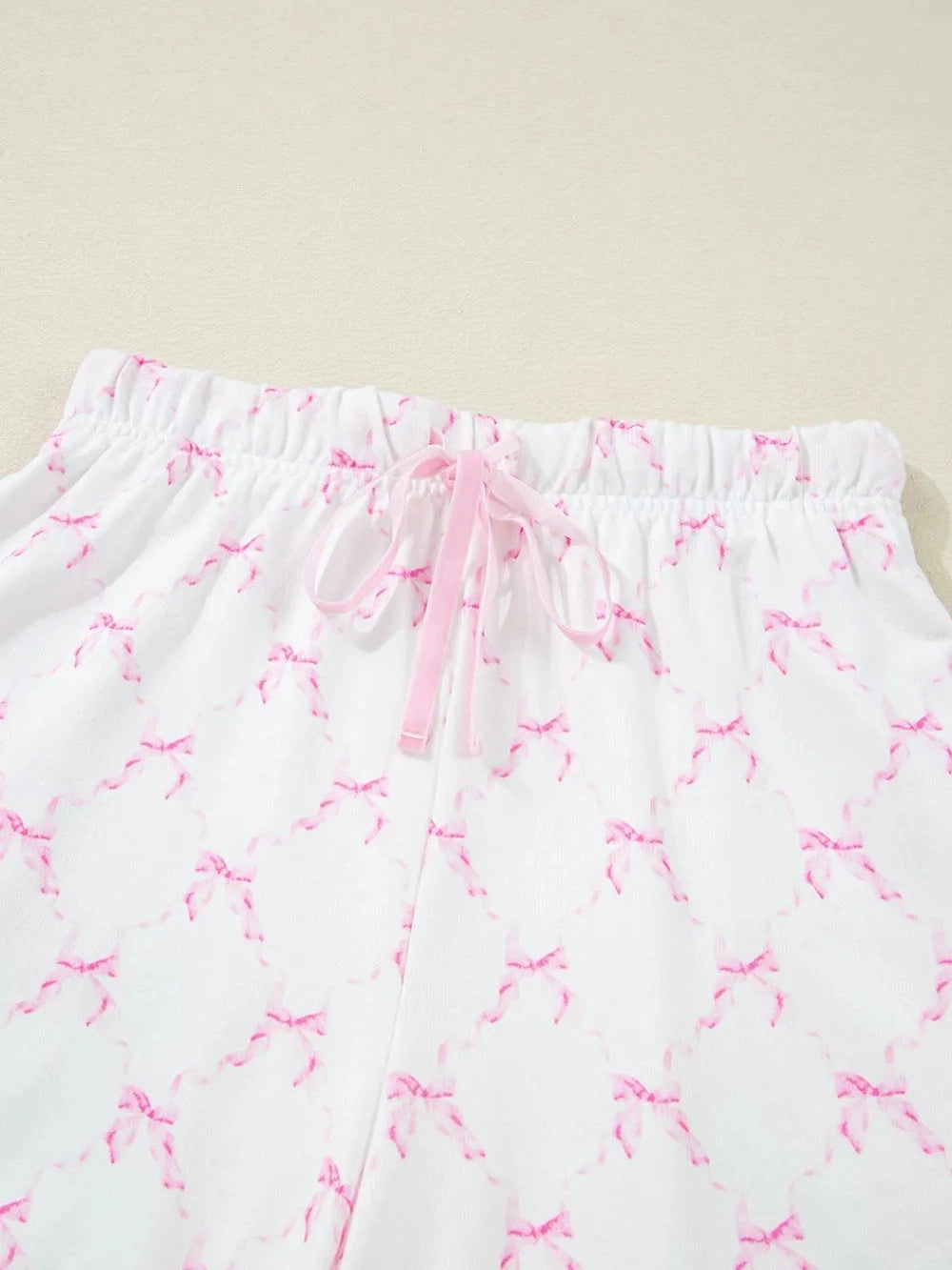 Bow Print Lettuce Trim Round Neck Top and Shorts Lounge Set nicholesgifts