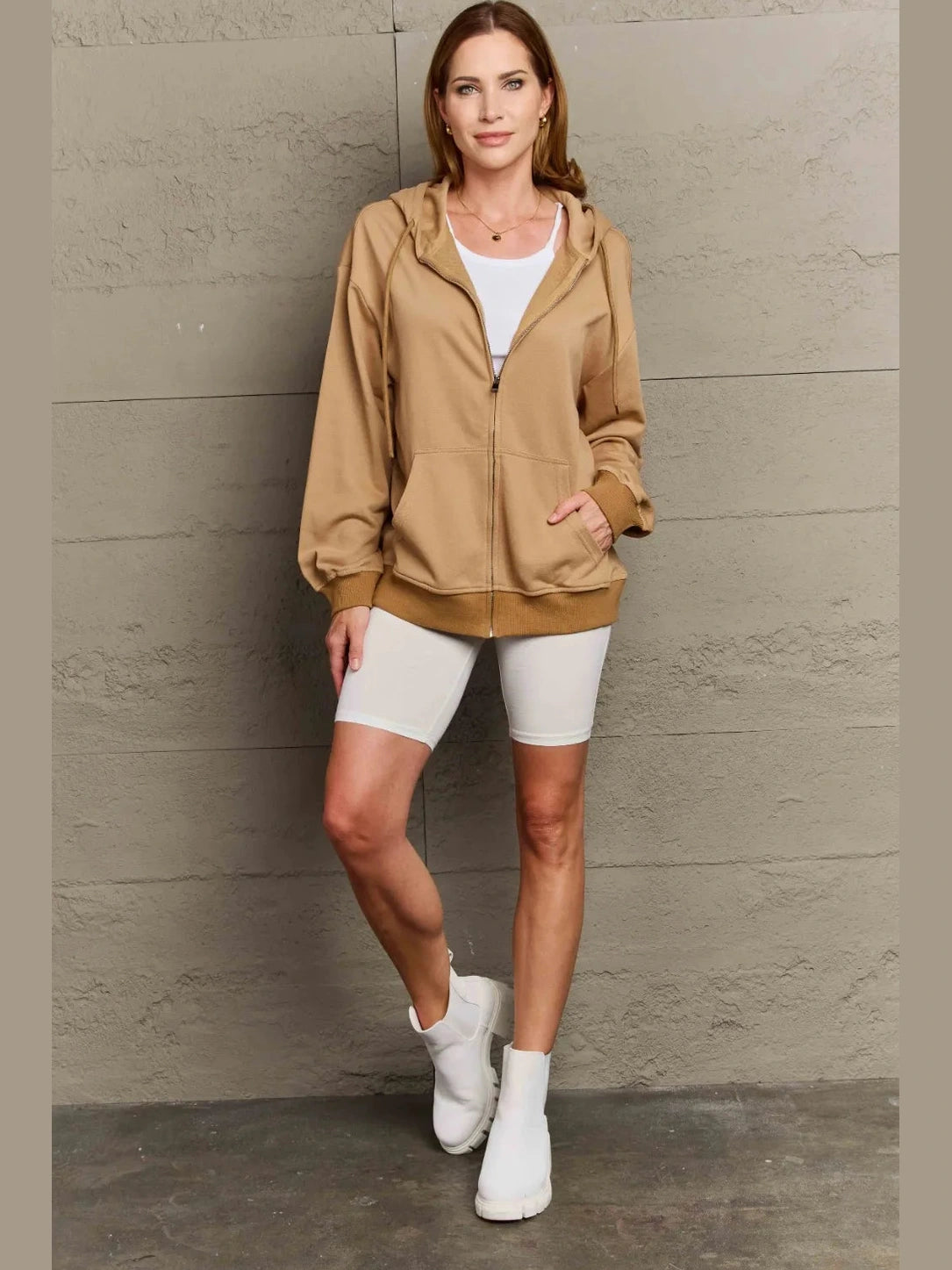 Full Size Zip Up Long Sleeve Hooded Jacket