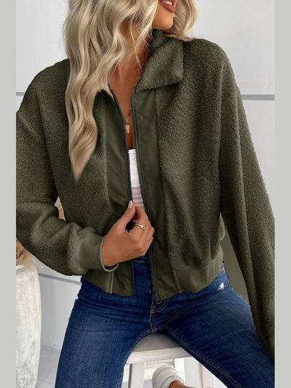 Perfee Zip-Up Sherpa Collared Neck Jacket with Pockets nicholesgifts