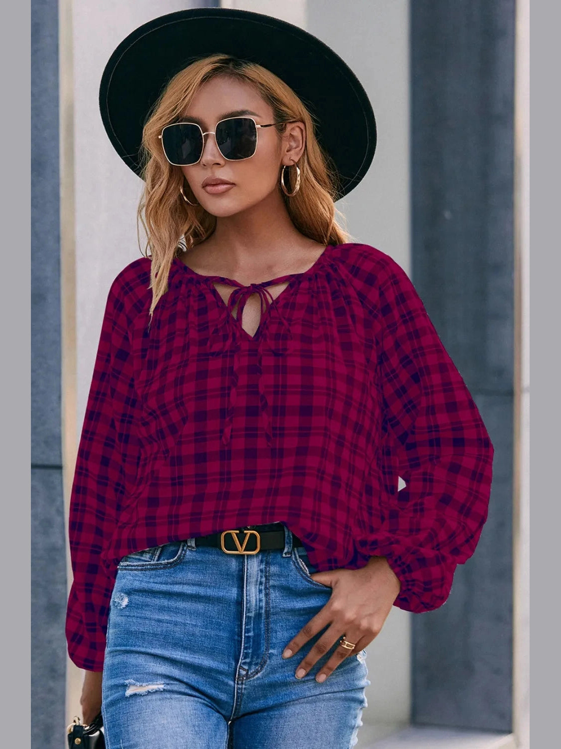 Ivy Lane Plaid Tie Neck Balloon Sleeve Blouse