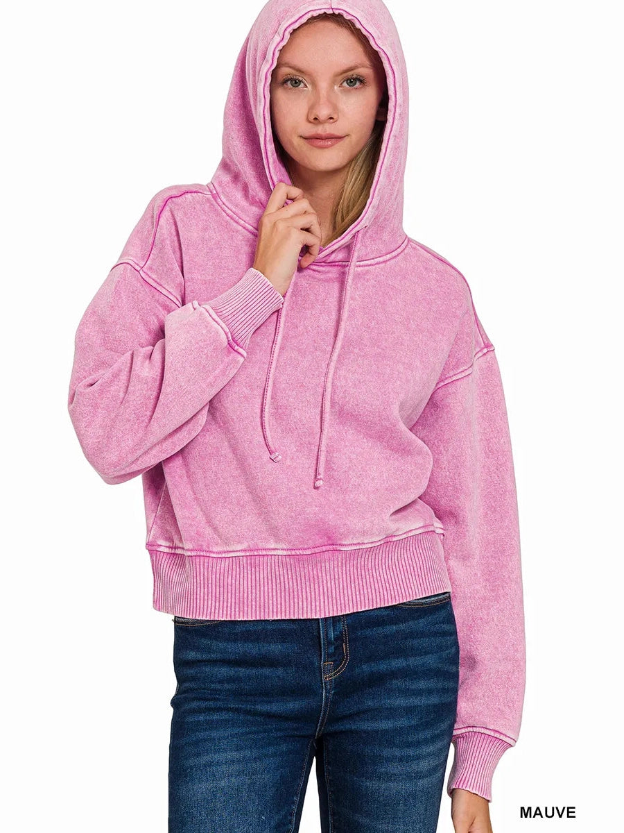 Zenana Acid Wash Fleece Drawstring Cropped Hoodie