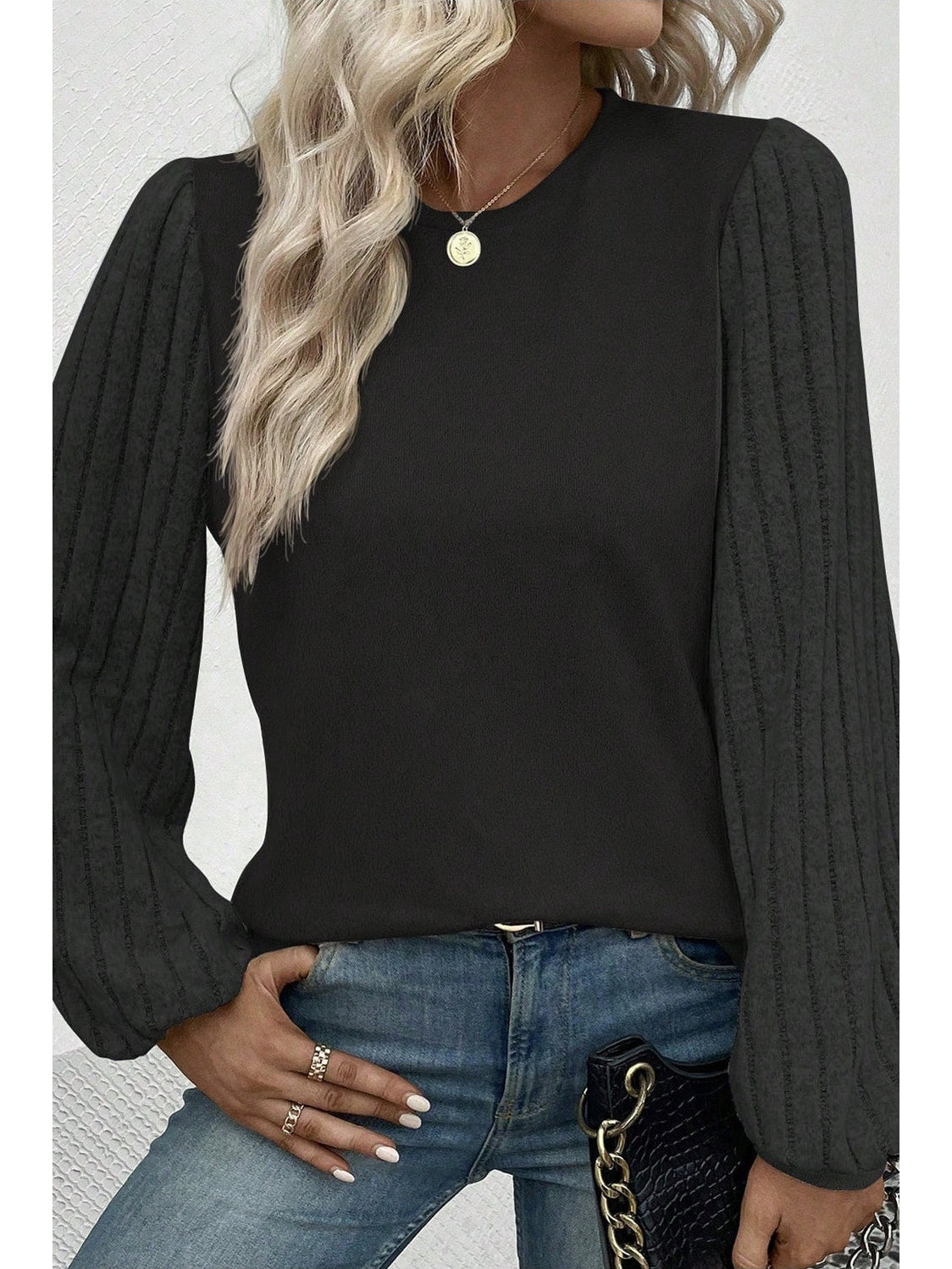 Women Ribbed Round Neck Long Sleeve Knit Top nicholesgifts