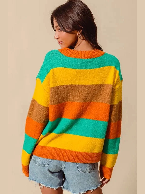 SO ME Multi Color Stripe Sweater with Ribbed Detail Trendsi