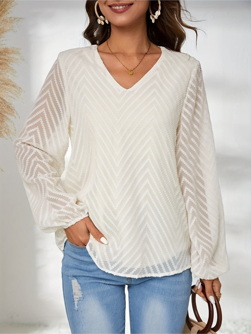 Women Textured V-Neck Balloon Sleeve Blouse nicholesgifts