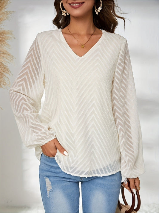 Women Textured V-Neck Balloon Sleeve Blouse nicholesgifts