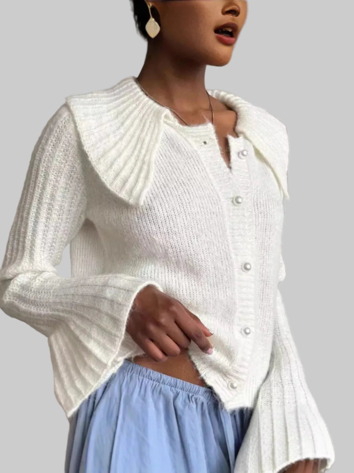 Women Button Up Flare Sleeve Cardigan Sweater nicholesgifts