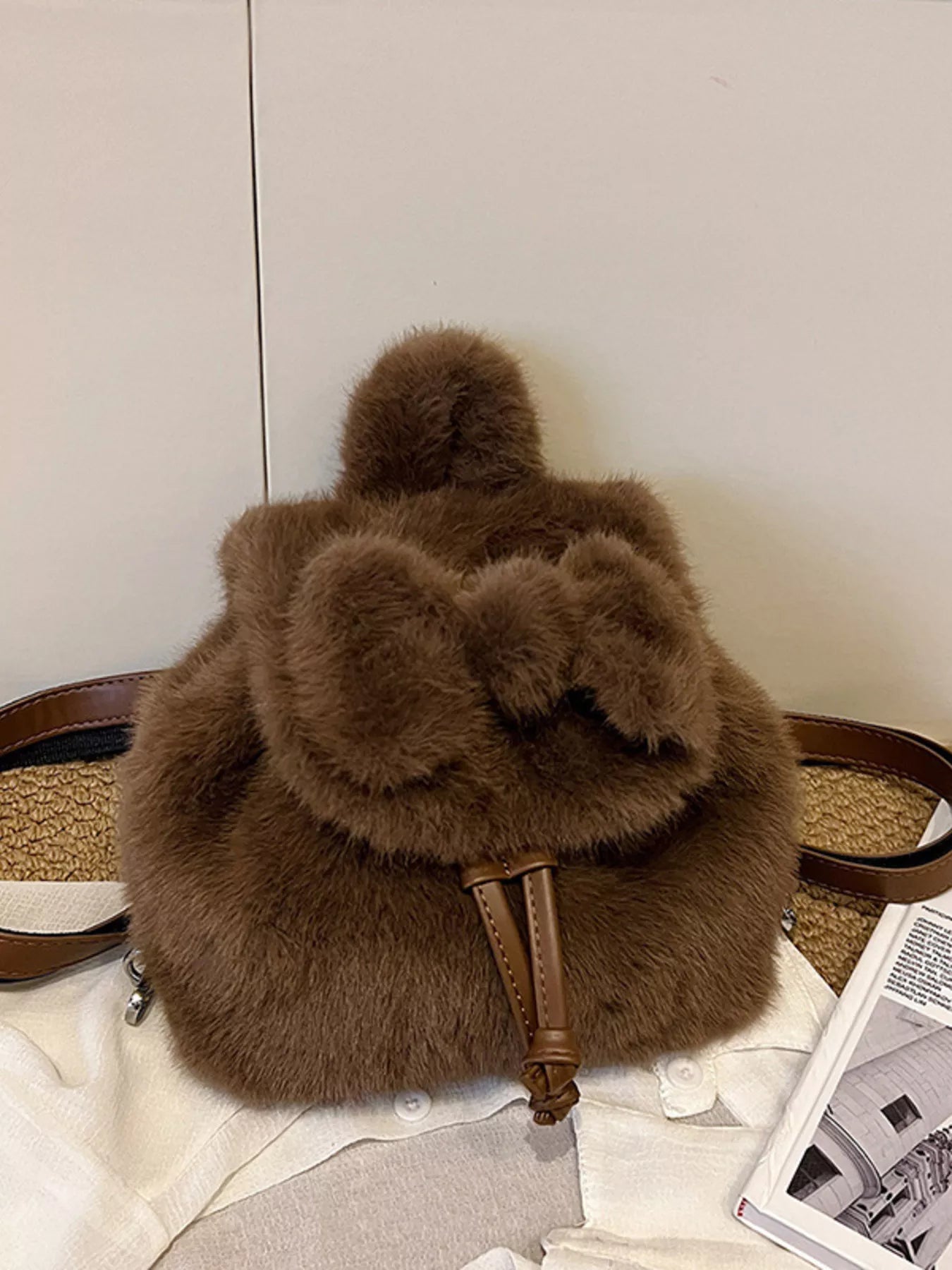 Fuzzy Plush Drawstring Backpack Bag nicholesgifts