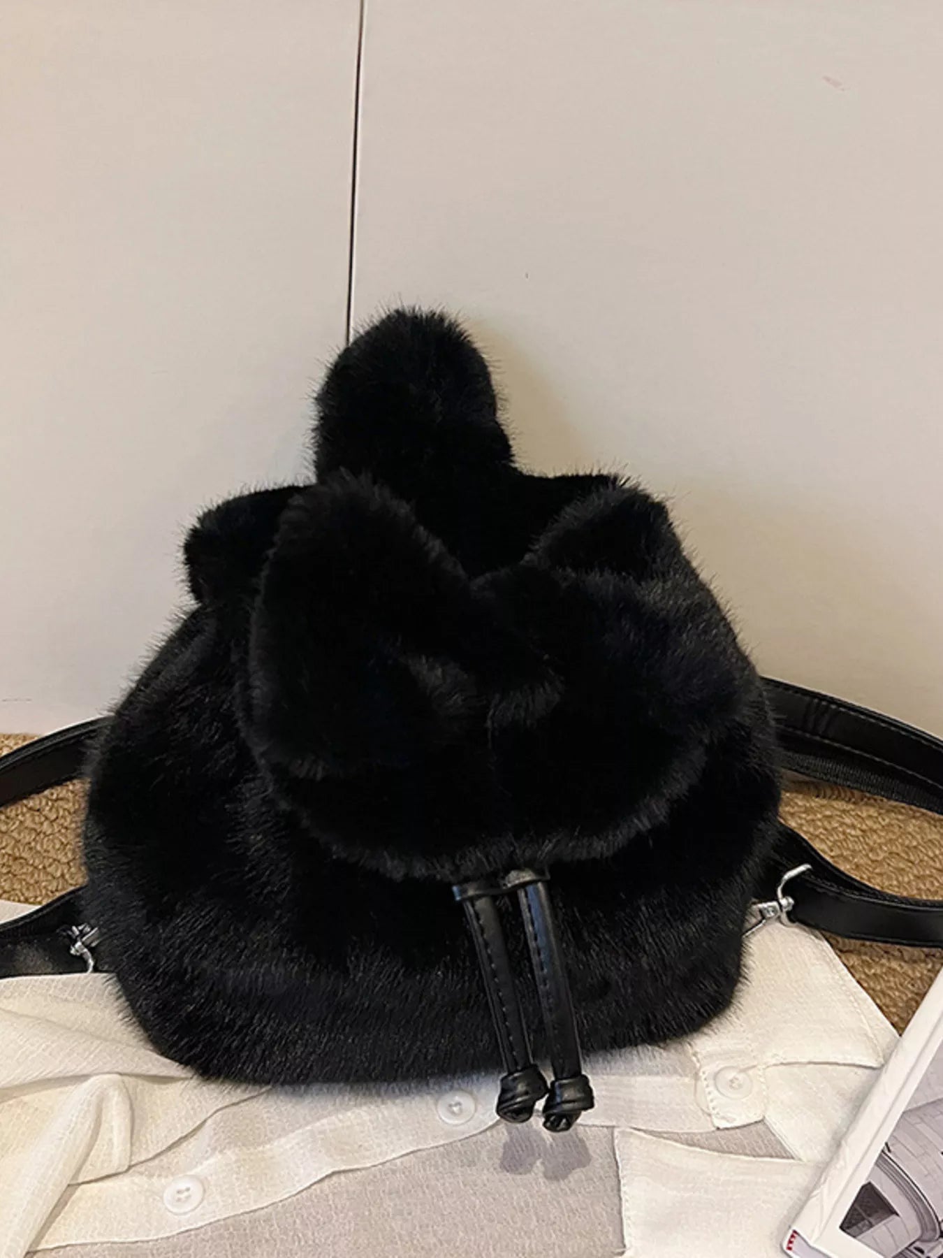Fuzzy Plush Drawstring Backpack Bag nicholesgifts