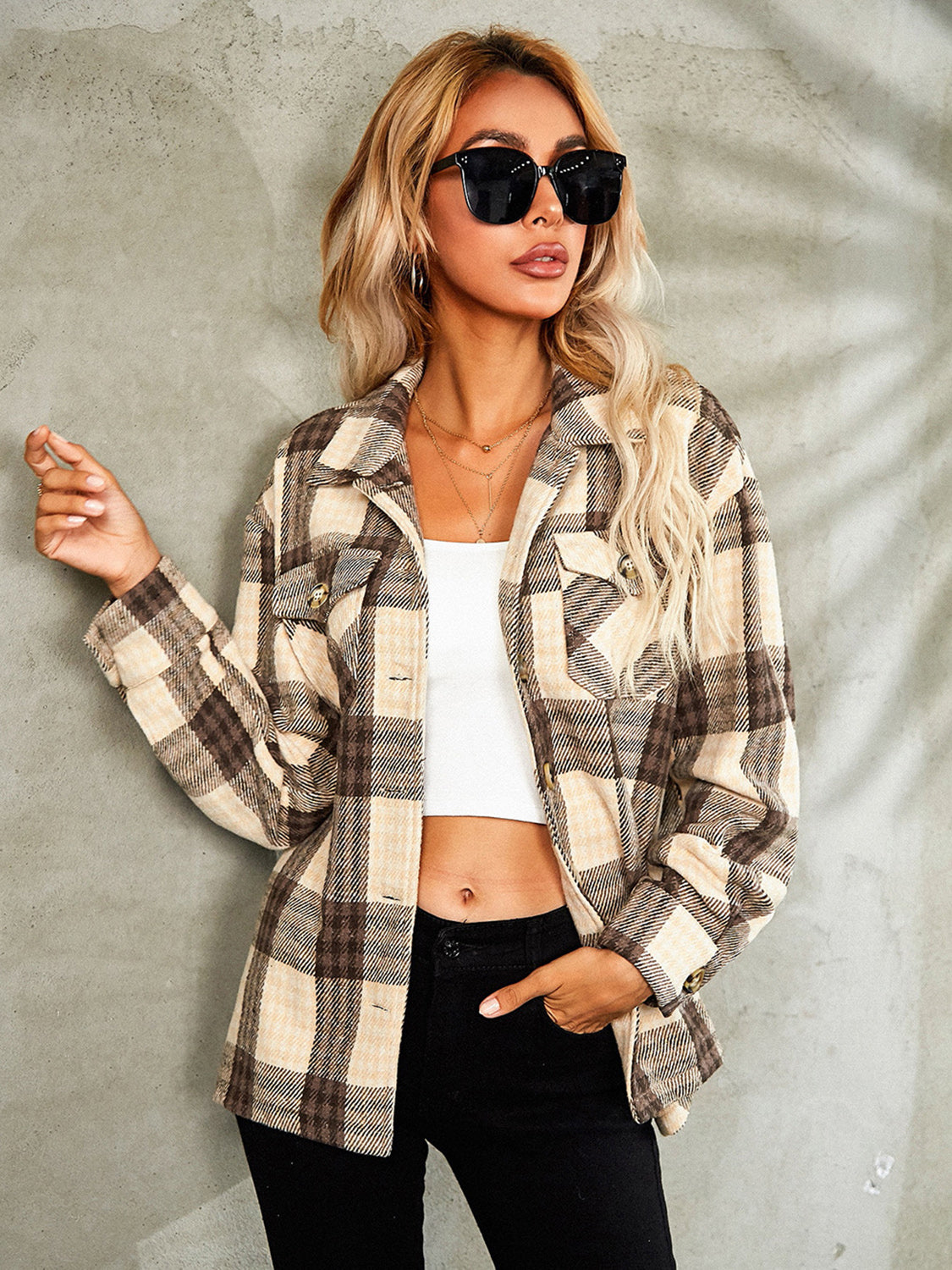 Plaid Button Down Collared Jacket nicholesgifts