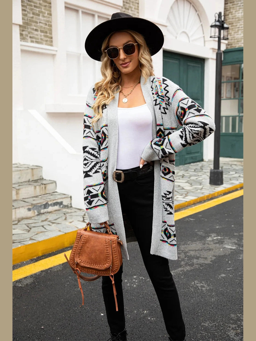 Angel Wings Pocketed Geometric Open Front Dropped Shoulder Cardigan nicholesgifts
