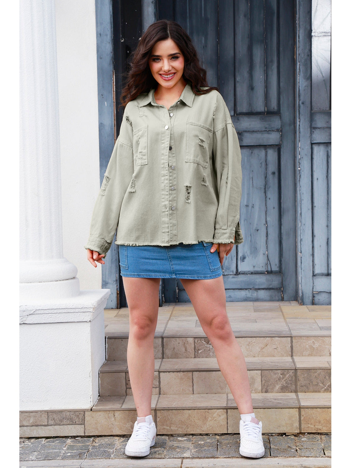NicholesGifts Women Distressed Button Up Raw Hem Denim Jacket NicholesGifts