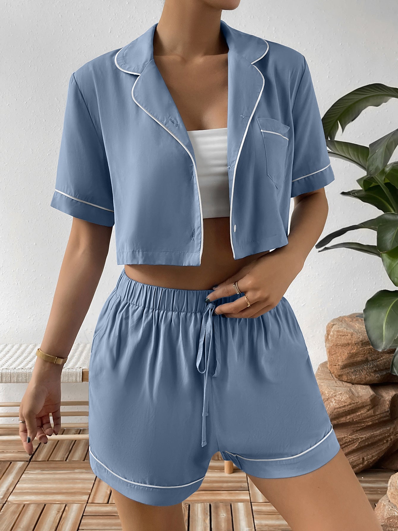 Ivy Lane Contrast Lapel Collar Cropped Shirt and Shorts Lounge Set nicholesgifts