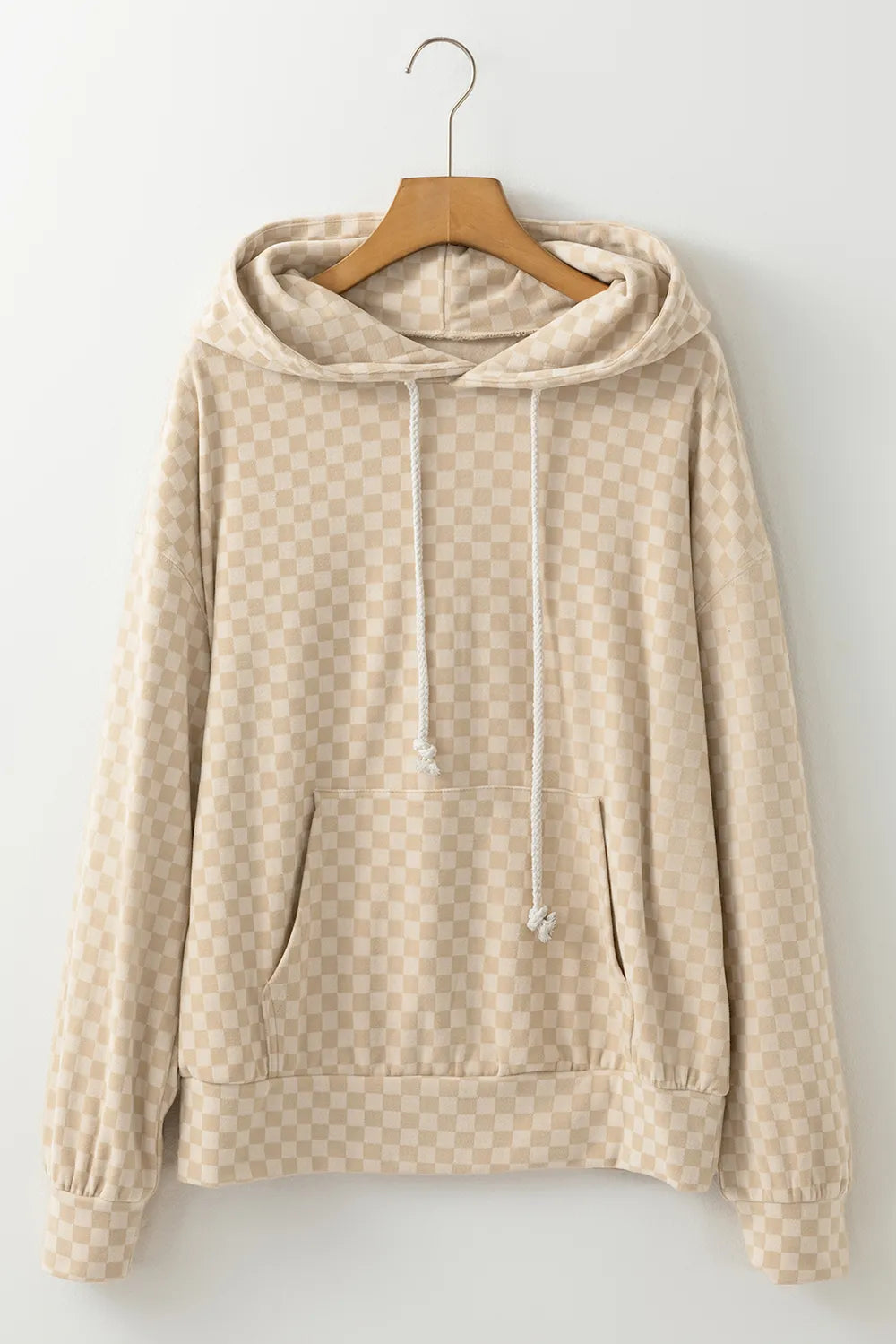 Checkered Print Kangaroo Pocket Drawstring Hoodie Trendsi