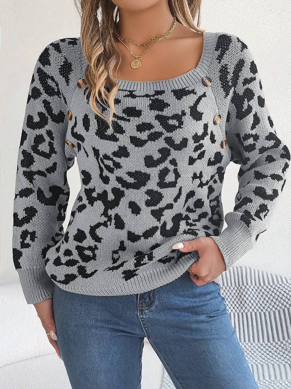 Leopard Buttoned Square Neck Sweater Trendsi