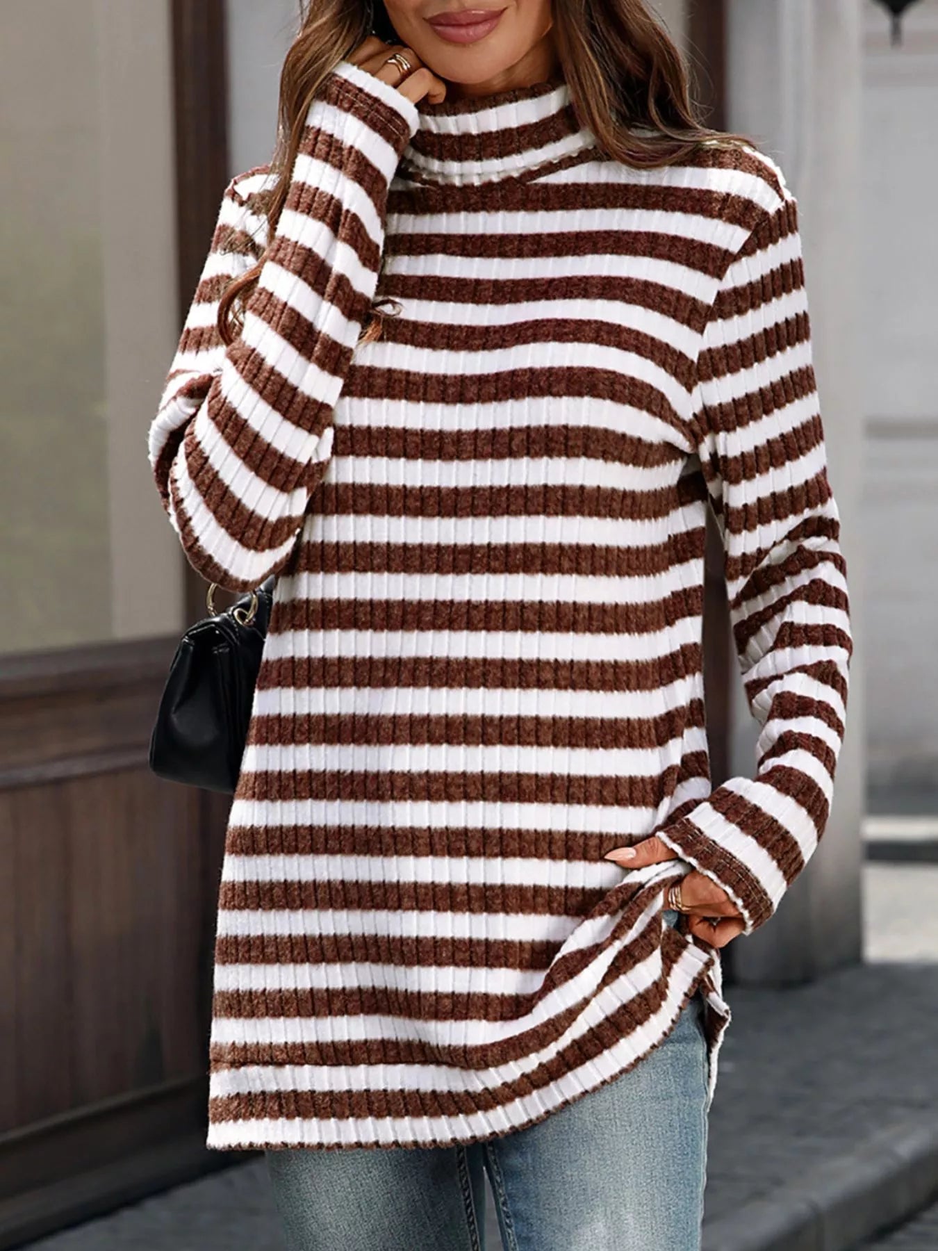 Striped Turtleneck Long Sleeve Knit Top Trendsi