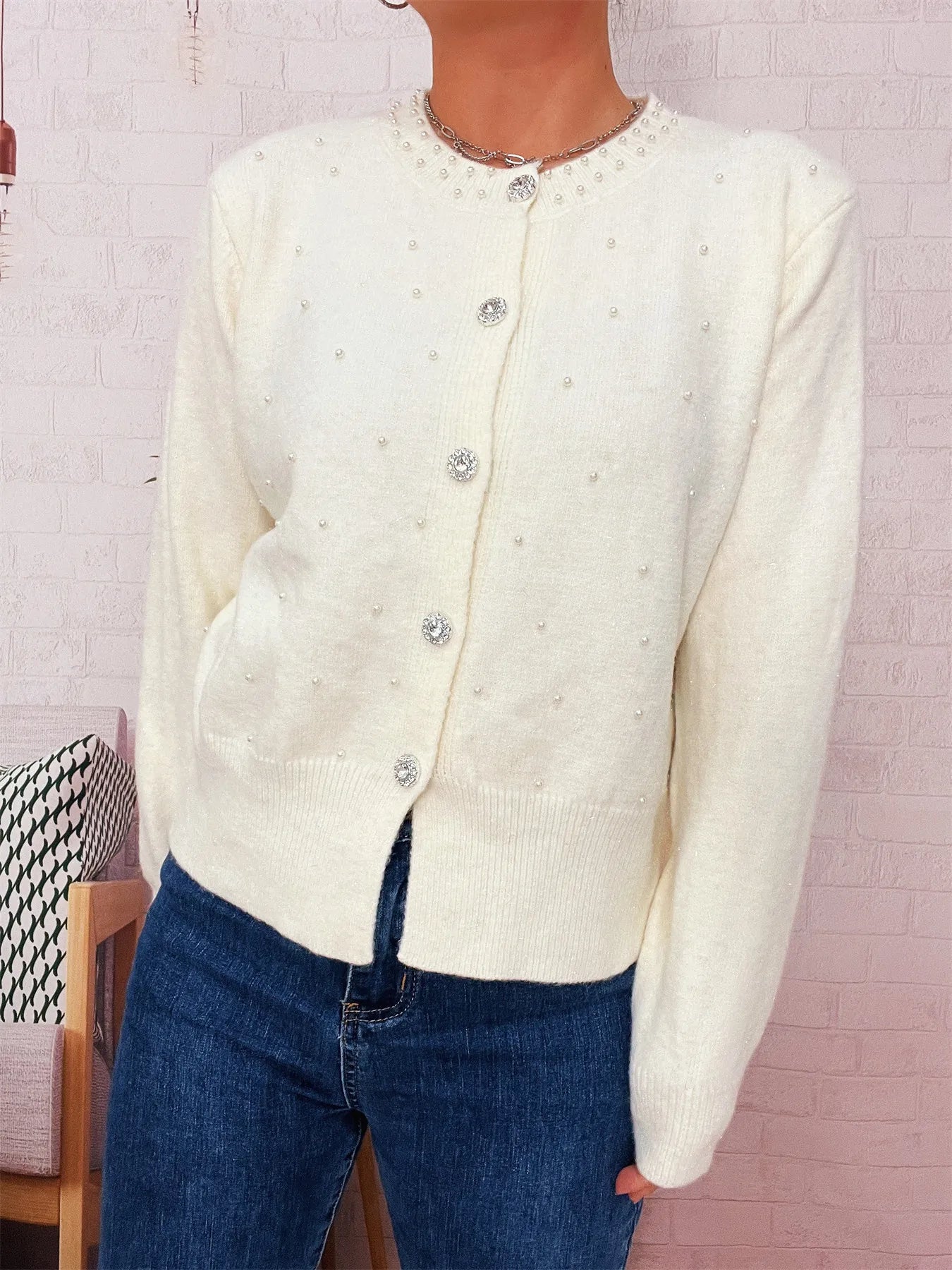 Pearl Detail Button-Front Cardigan NicholesGifts